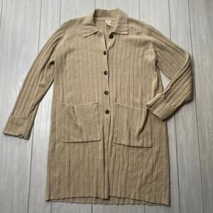 J Jill Women's Vintage 90s Tan Knit Ribbed Long Cardigan Coatigan Size Medium